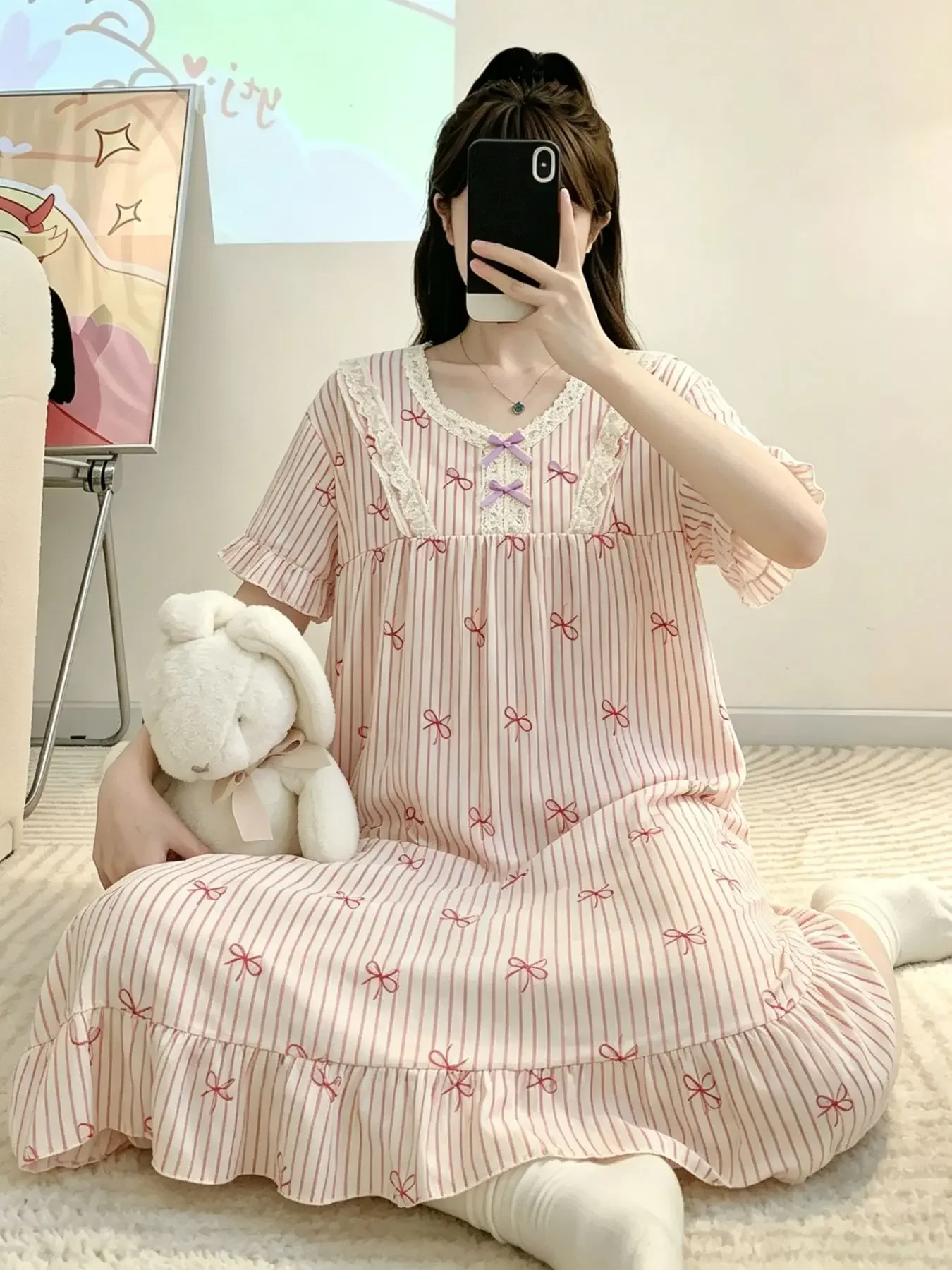 Women's Summer Plus Size Nightgown Short Sleeve Pullover  Sleepwear Big Size Comfortable Casual Elegant Homewear Korean Fashion image 5