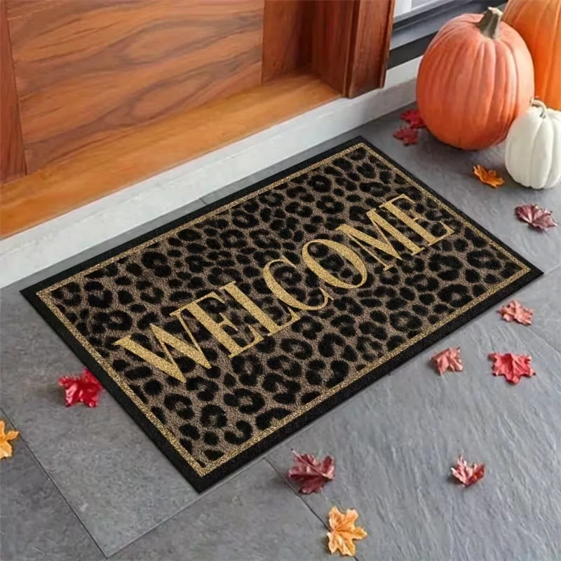 Faux Fur Leopard Print Doormat, NonSlip Entrance Rug for Home, Chic Animal Pattern Mat for Kitchen Bedroom Hallway Entryway