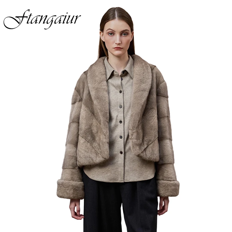 

Зимняя импортная короткая шуба из натурального меха норки Ftangaiur с отложным воротником и диагональным расположением меха для женщин