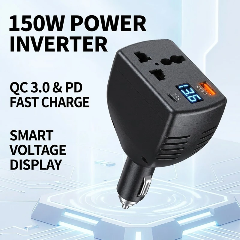 150W Car Power Inverter Adapter DC 12V-24V with Universal AC Outlet QC3.0 USB C PD Fast Charger LED Display Intelligent Safe