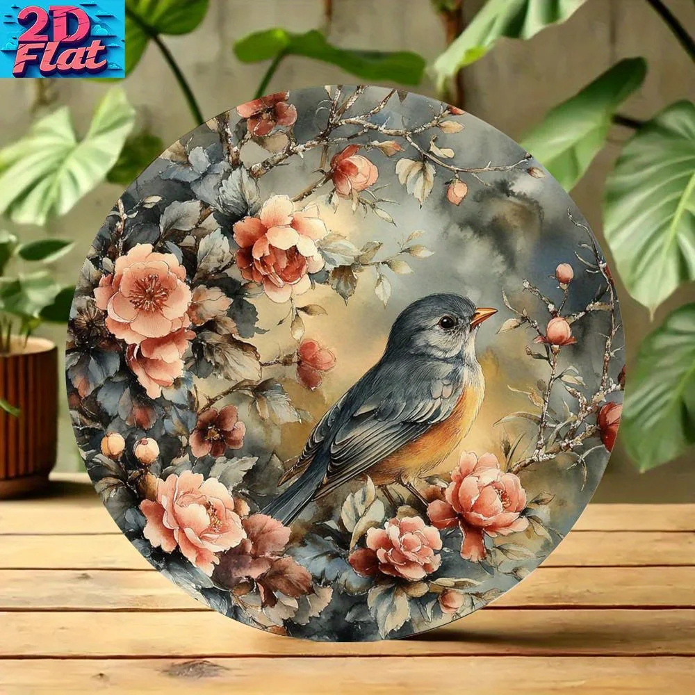 Vintage Gray & Pink Floral Bird Wall Decor - 2D Flat Round Metal Wall Art with Muted Brown/Beige Tones, Durable Aluminum Hanging