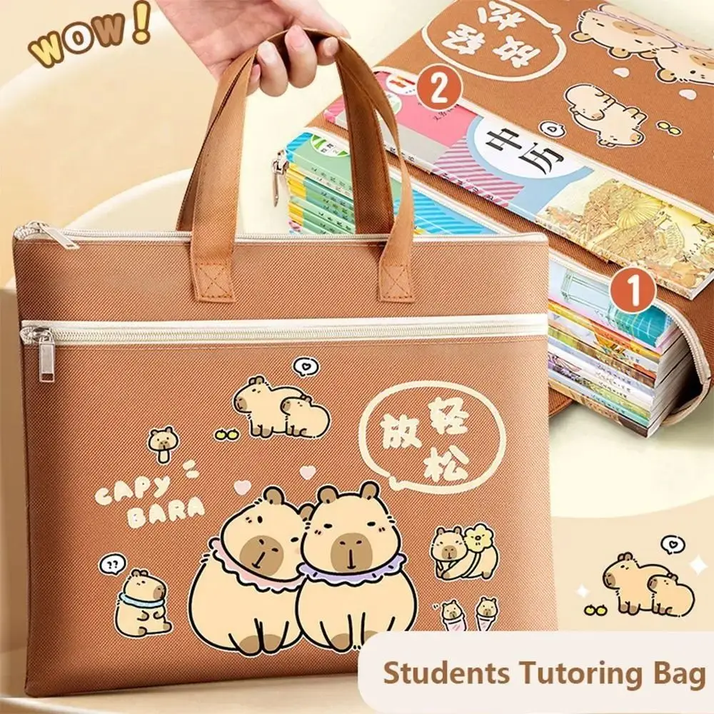 

Zipper Tote Double Layer Tutorial Bag Large-capacity Handbag Capybara Tote School Bag Multifunction Portable Cartoon A4 File Bag