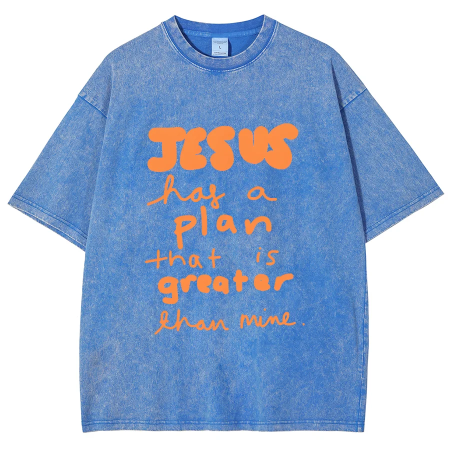 Jesus Plan Greater Y2K Washed Short Sleeve T-Shirt, Creative Printed Unisex Vintage Streetwear New Fashion Plus Size Casual Tops