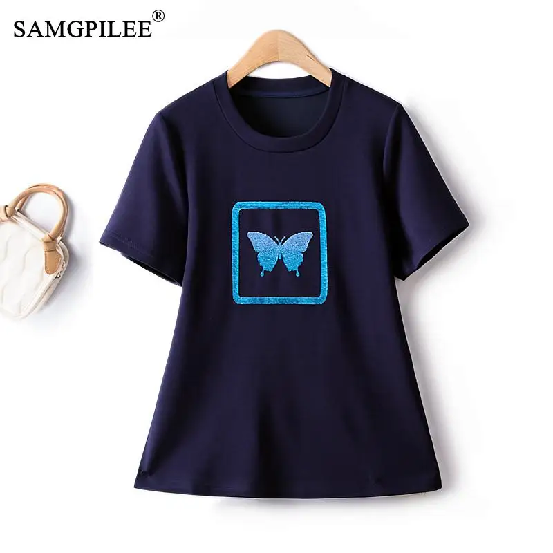 

2023 Summer New Loose Short Sleeve Women's T-shirt Sequin Embroidery Light Luxury Butterfly Pattern O Neck Slim Tops Woman 4XL