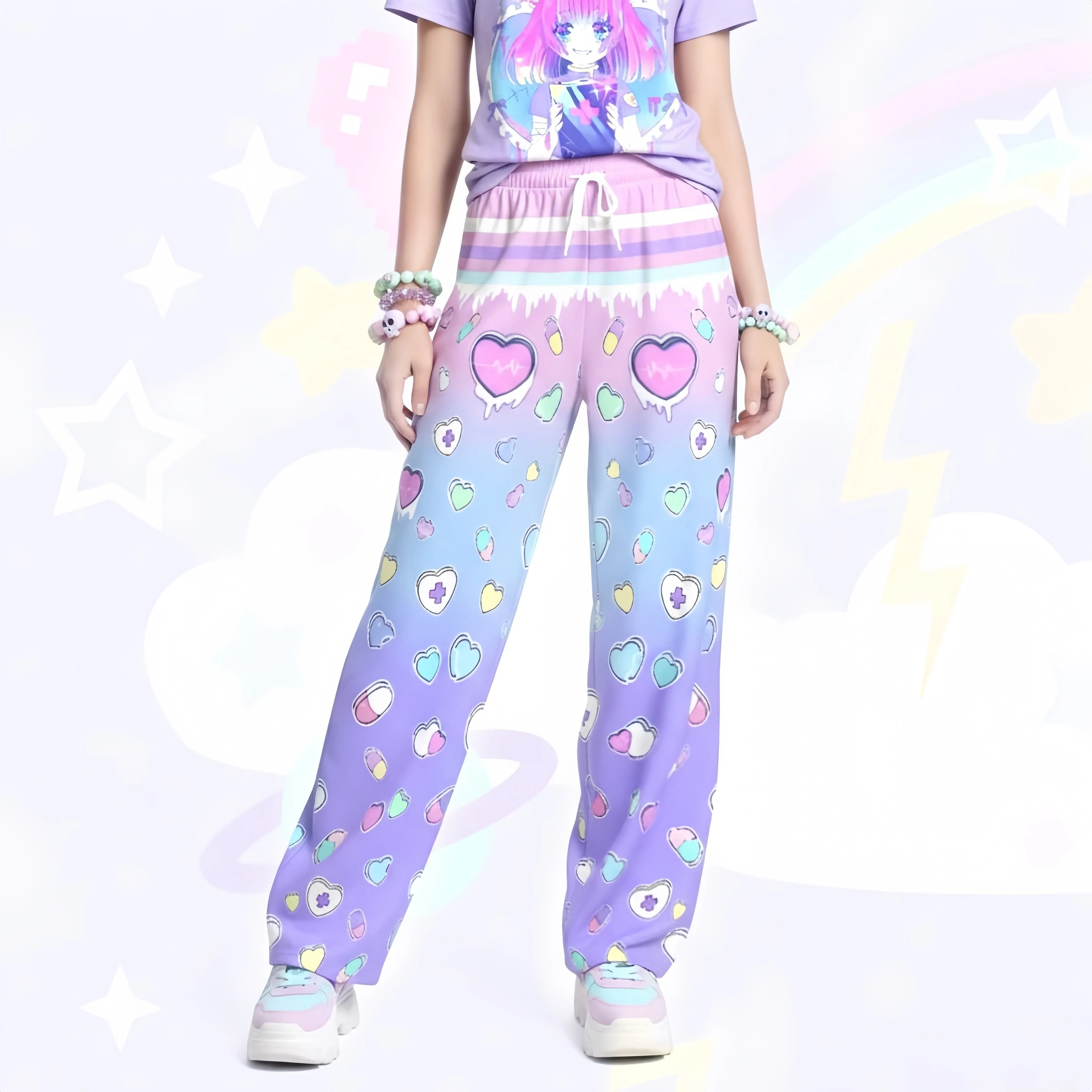 Girls' Y2K Harajuku Style Sleeping Pants with Sweet Gradient Dark Gothic Pattern Wide Leg Loose Casual Home Wide Leg Pants