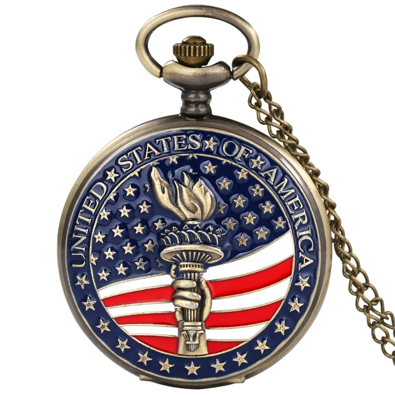 

Vintage Flag Torch Liberty Design Men Women Analog Quartz Pocket Watch Necklace Chain Patriotic Clock Collectible Souvenir Gift