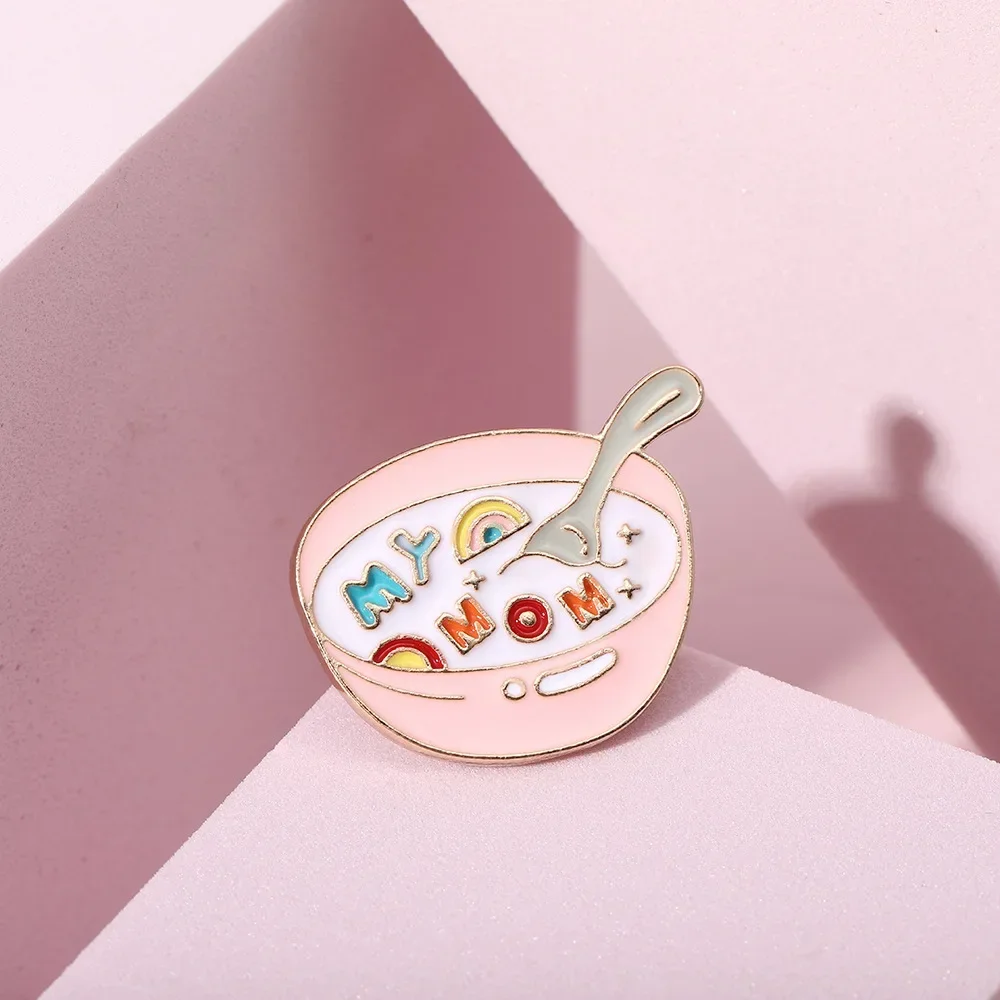 Gourmet Enamel Pins Cartoon The Pink Bowl Holds The Love of Parents Brooch Love Badge for Women Jacket Backpack Jewelry
