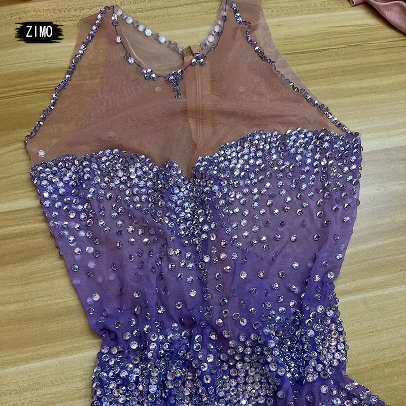 Adulto sexy glitter roxo strass vestido de noite feminino ​ Vestidos de festa transparentes de malha, clube, palco de aniversário, fantasia de drag queen