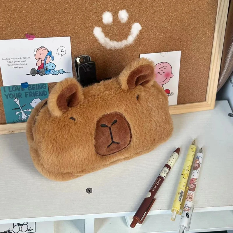 Cute Plush Capybara Pencil Storage Bag Cartoon Animal Pen Case Multifunction Large Capacity Stationery Pouch