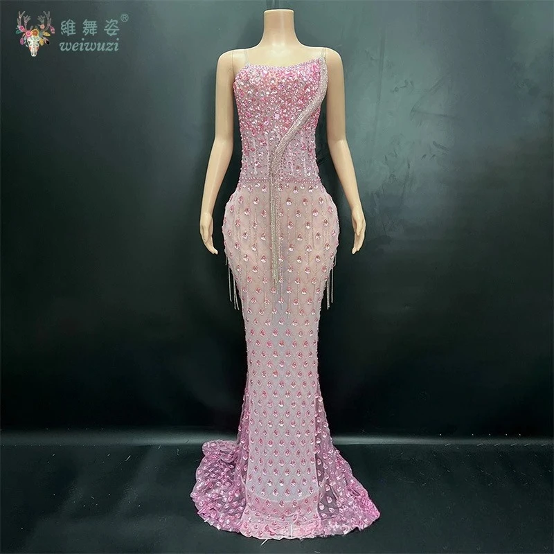 Gaun malam pesta panjang punggung terbuka selempang berlian berkilau menawan dan seksi gaun pengantin ekor ikan manik-manik mewah yang dapat disesuaikan