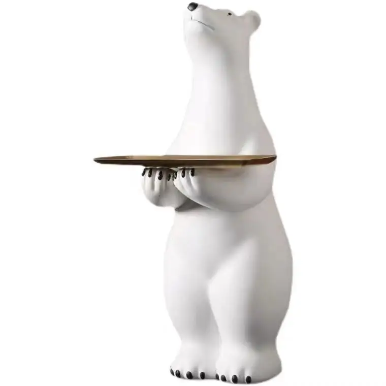 

Creative polar bear resin craft gift parent-child polar bear ornaments with golden stainless steel tray decoration