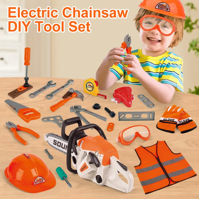 27pcs Kids Chainsaw Toys Diy Tools Set Children Electric Tool Repair Kits Pretend Play Toys for Boys Girls Birthday Gift