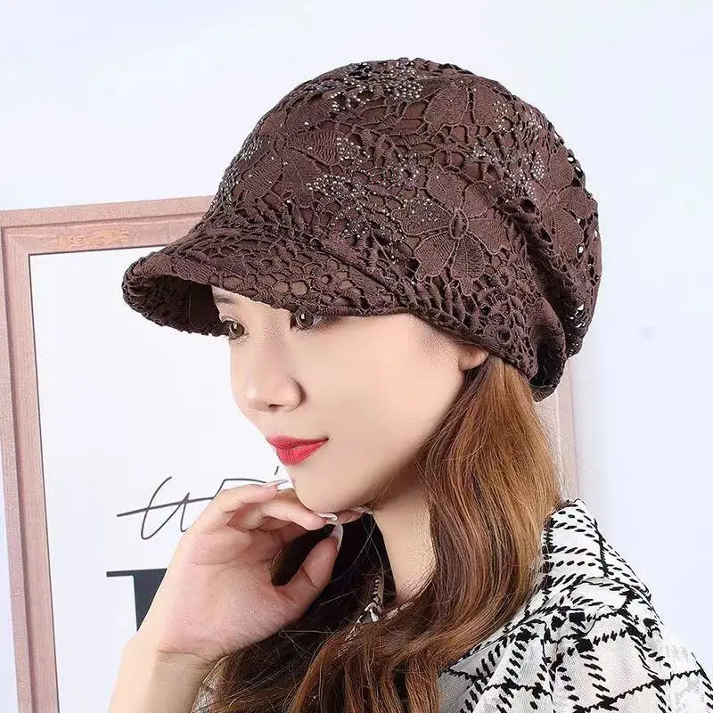 

Spring Summer Thin Breathable Hollow Flower Hat - Middle-aged Elderly Women's Sunscreen Forehead Stacked Cap