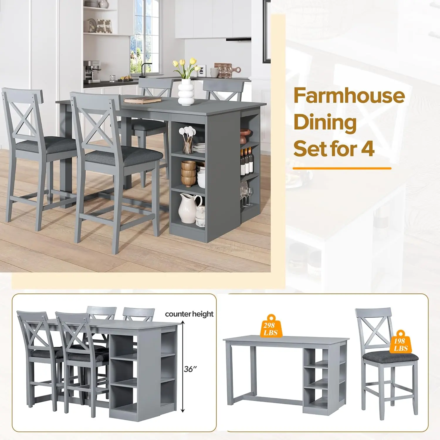 Farmhouse 5-Piece Counter Height Dining Table Set, 2-Tone Rectangular Dining Table With 3-Tier Storage Shelves And Upholstered