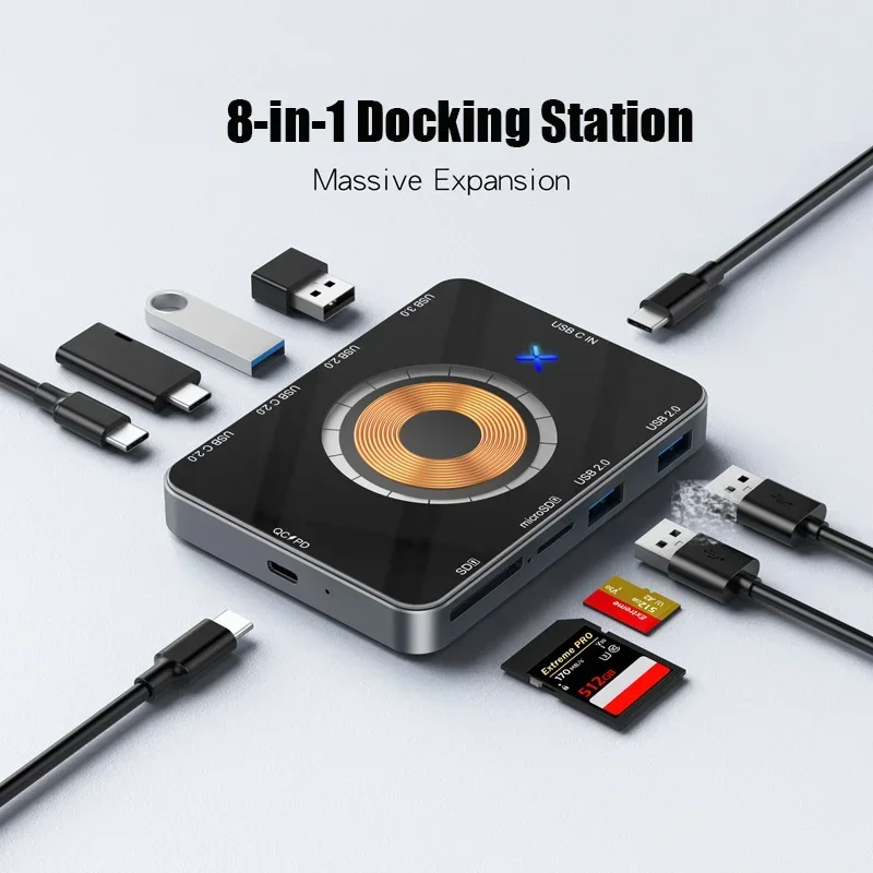 

8 in 1 USB C Hub 5Gbps Type C Docking Station 15W Wireless Fast Charging TF/SD Card Reader QC/PD Power Inlet for Phone Computer