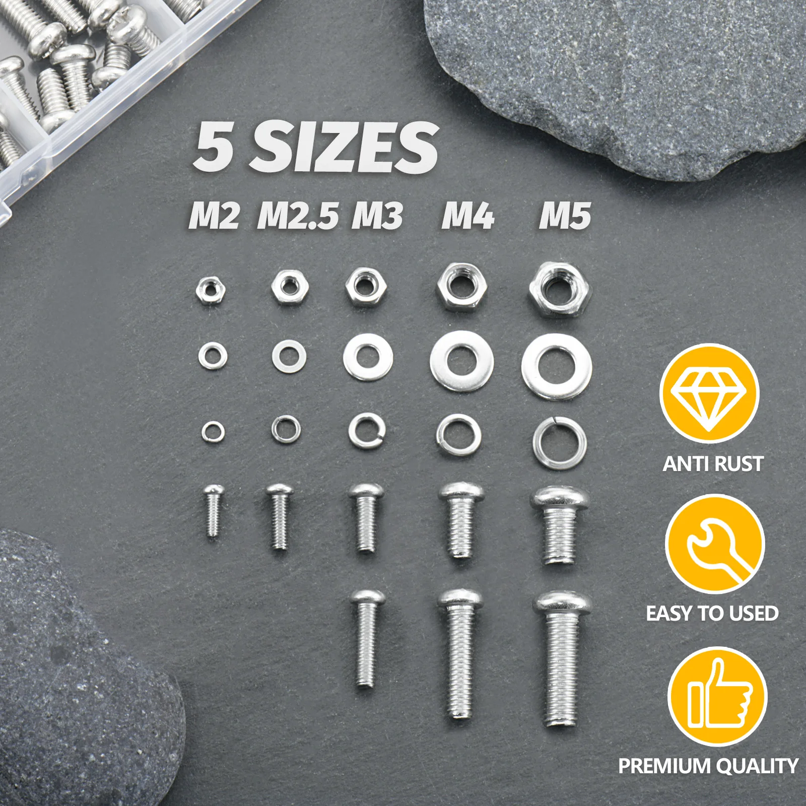 320pcs Stainless Steel M2 M2.5 M3 M4 M5 Screws Nuts Washers Assortment Kit Rustproof Metric Hardware Set for DIY Home Repair Use