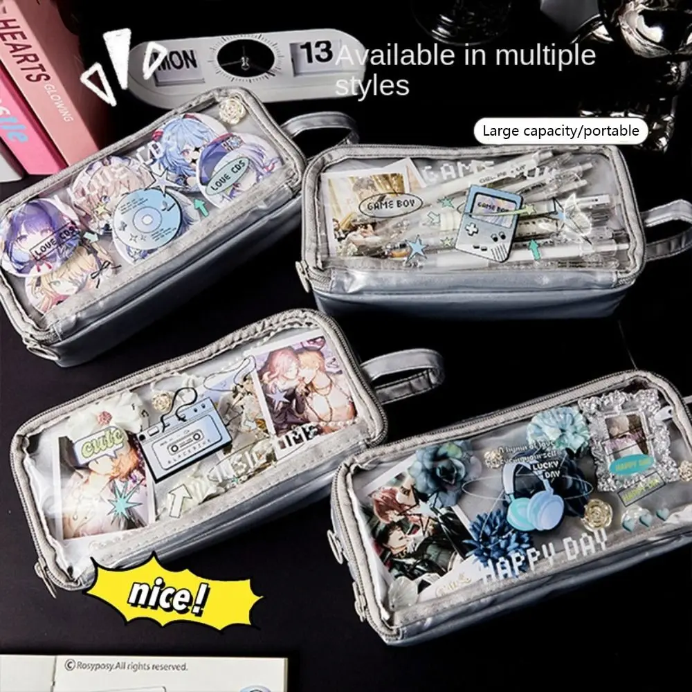 Estuche de lápices portátil de moda, bolsa de papelería transparente plateada, organizador de escritorio creativo de gran capacidad, suministros escolares para estudiantes