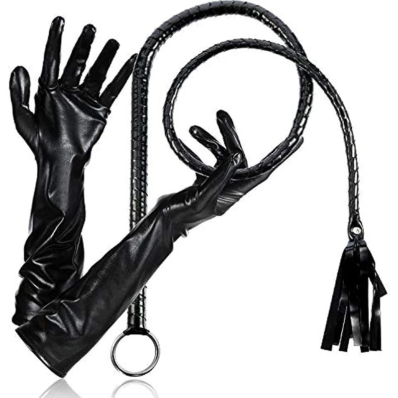 Costume horsewhip Shiny Long Gloves Sexy Elastic Shiny Look Satin Long Gloves Faux Leather Black Whip for Halloween Costume