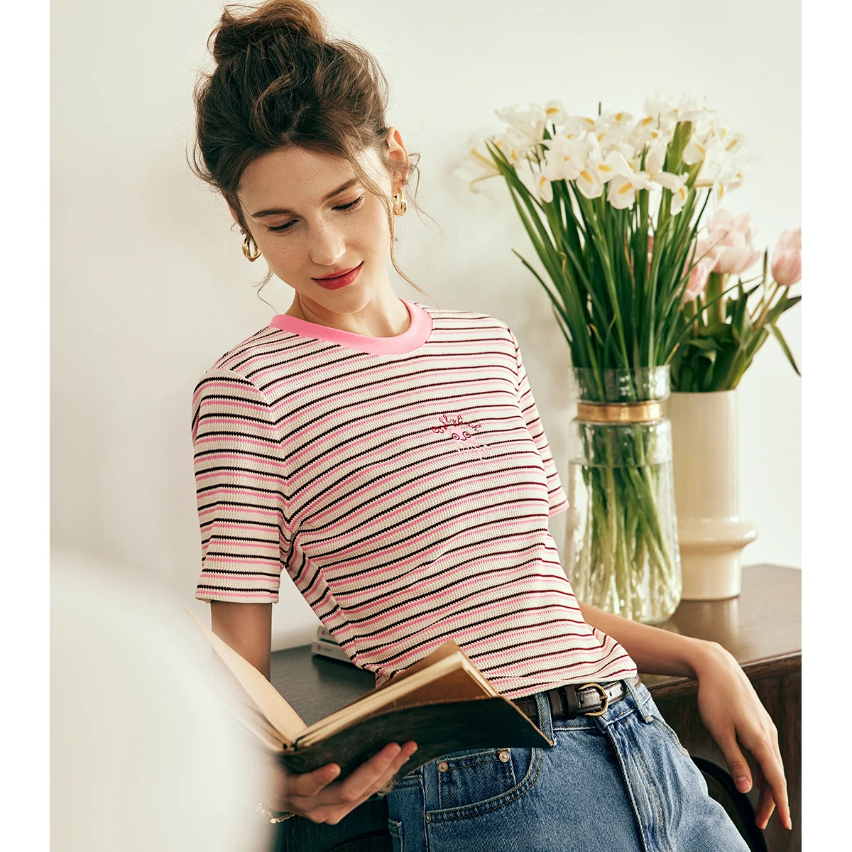 

OLrain Women Vintage Striped T-shirt 2025 Pink Irregular Knit Office Lady Short Sleeve Embroidery Cozy Tops Summer O23XT81900