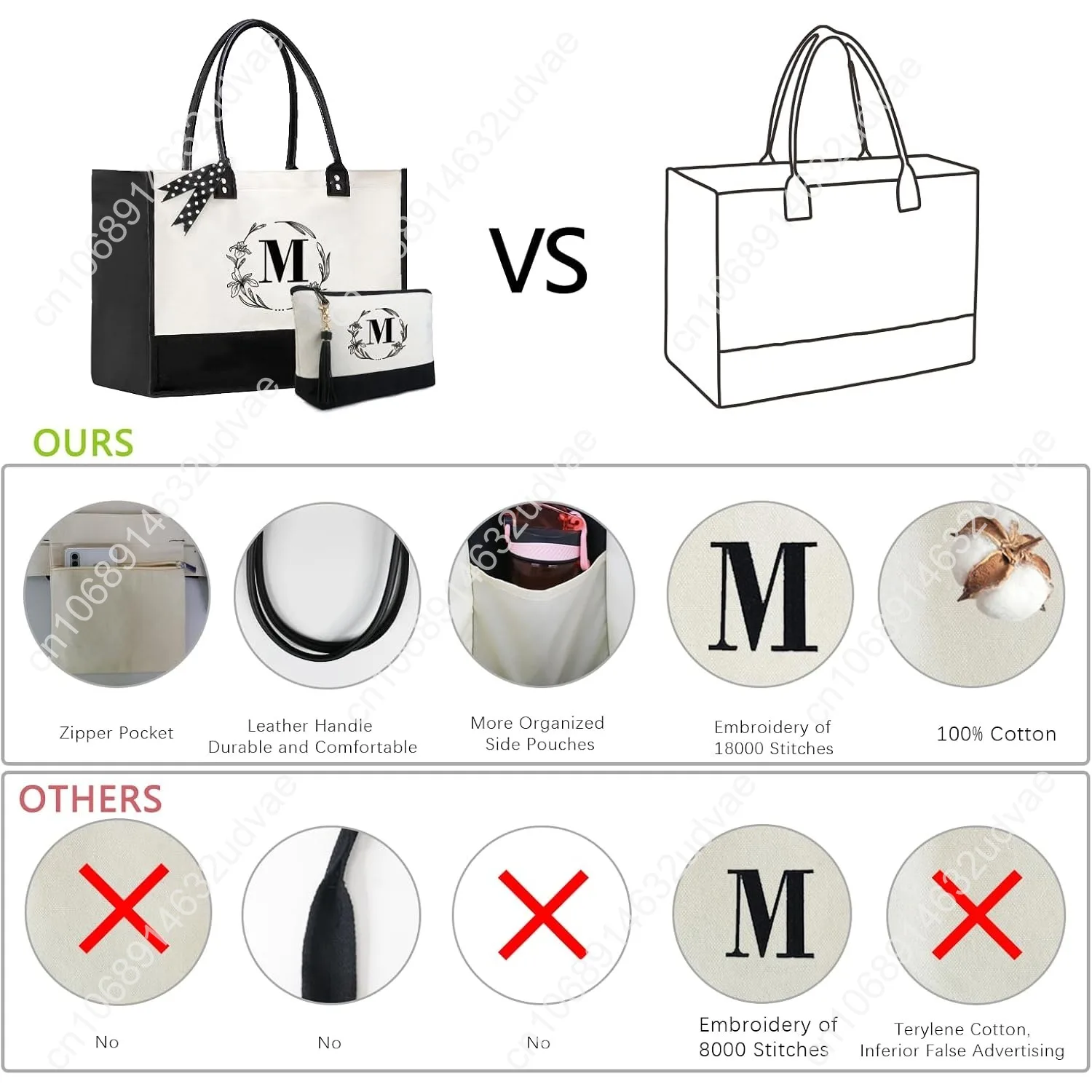 BeeGreen Mother's Day Gifts Personalized Women's Large White and Black Canvas Tote Bag, Embroidered Initials, Leather Handle, Zi