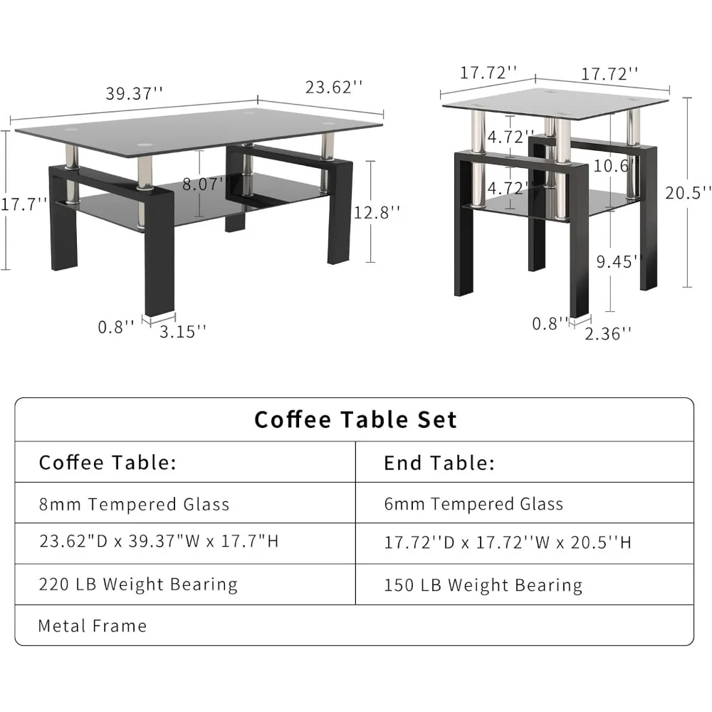 3-Piece Black Glass Coffee and End Table Set for Living Room, Metal Frame