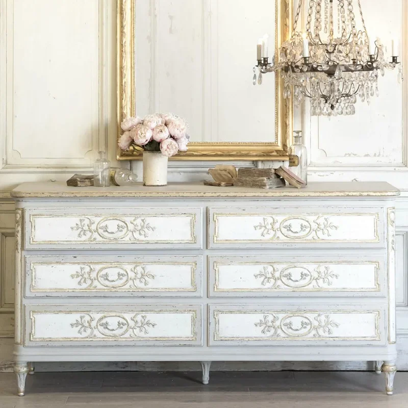 Vintage solid wood chest of drawers, American style distressed storage cabinet, European style carved antique sideboard