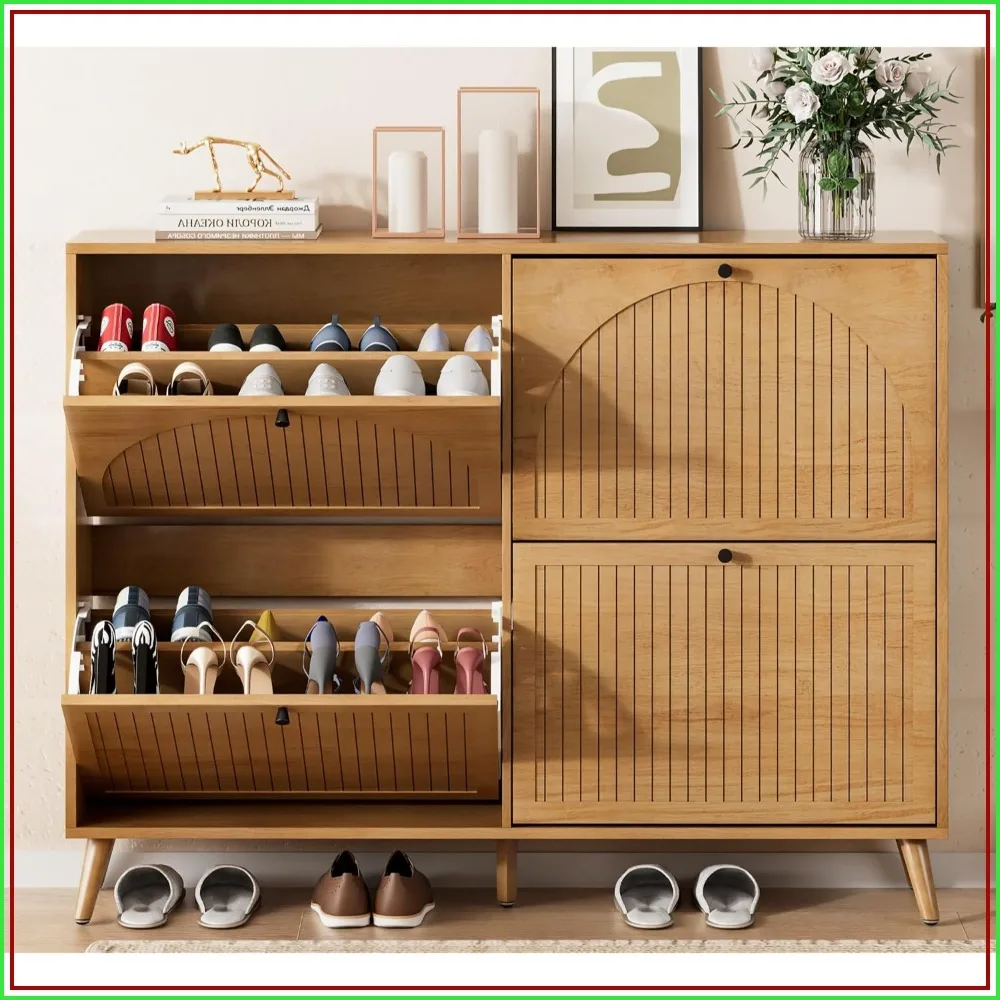Shoe Storage Cabinet for Entryway with 4 Fluted Flip Drawers, Oak