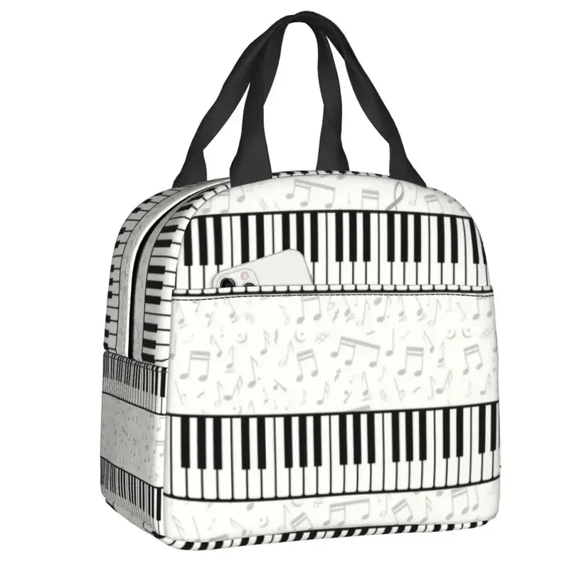 Piano Key With Music Notes Thermal Insulated Lunch Bags Women Musician Pianist  Container for School Food Bento Box