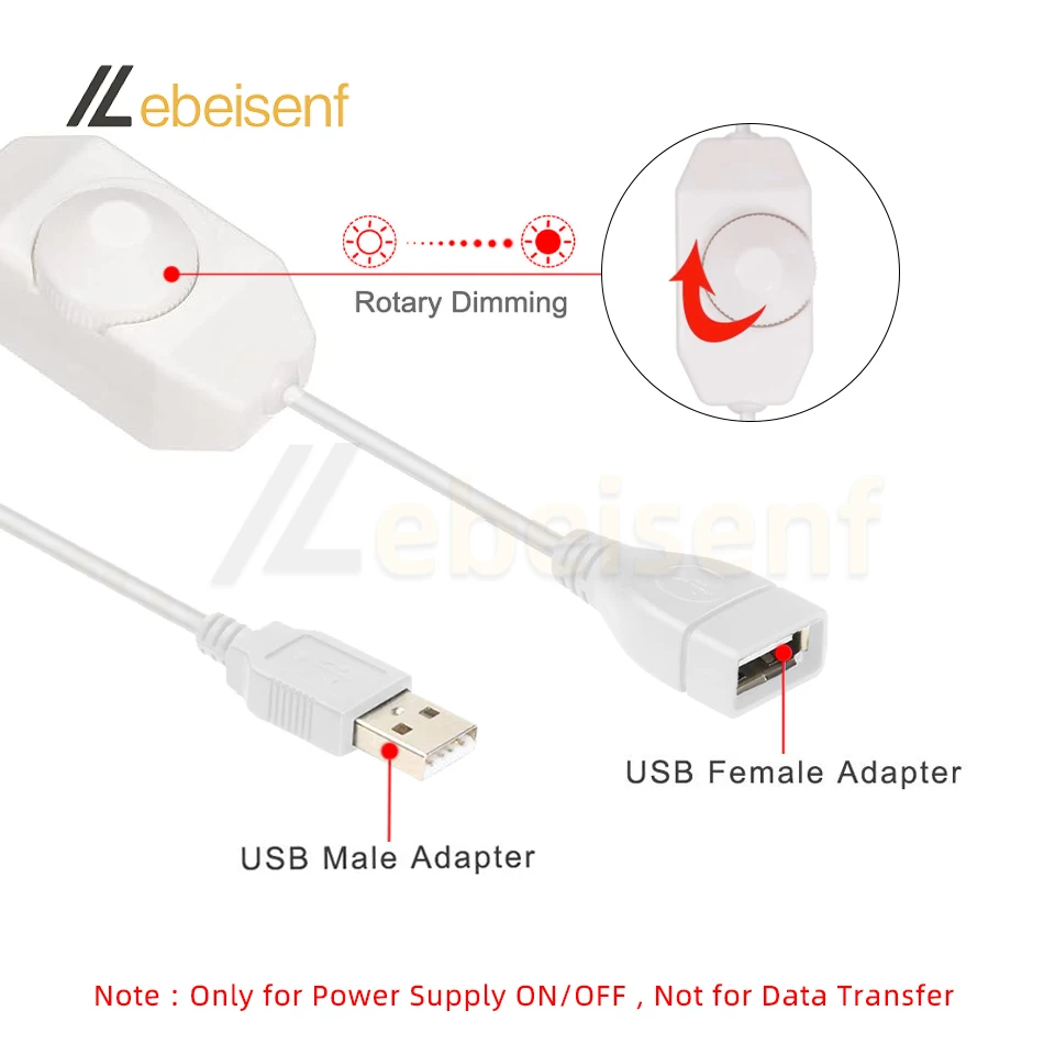 LED Knob Dimmer Switch 5V DC USB Female to Male Extension Cord with Rotary ON OFF Controller White Black for LED Strips Lights