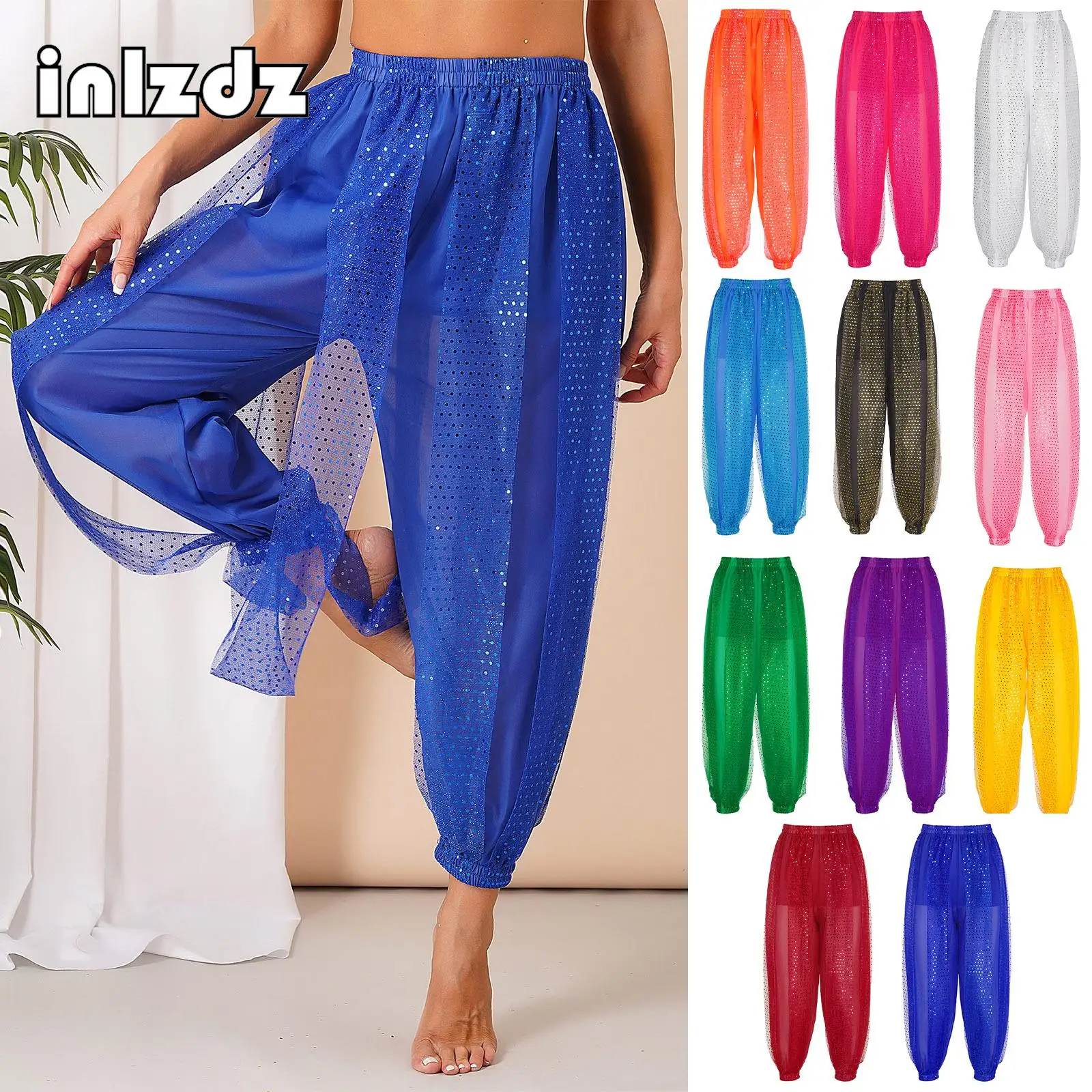 

Womens Belly Dance Harem Pants Shiny Sequins Mesh Chiffon Side Split Lantern Pants Trousers Tribal Arabic Halloween Costume