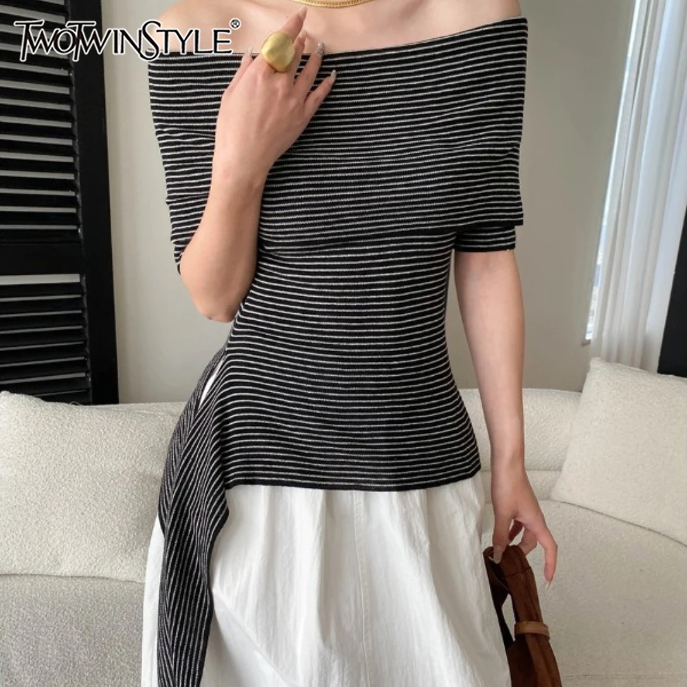 

TWOTWINSTYLE Solid Spliced Striped Sweater Female Slash Neck Short Sleeve Slimming Elegant Design Women's Sweaters Fashion New