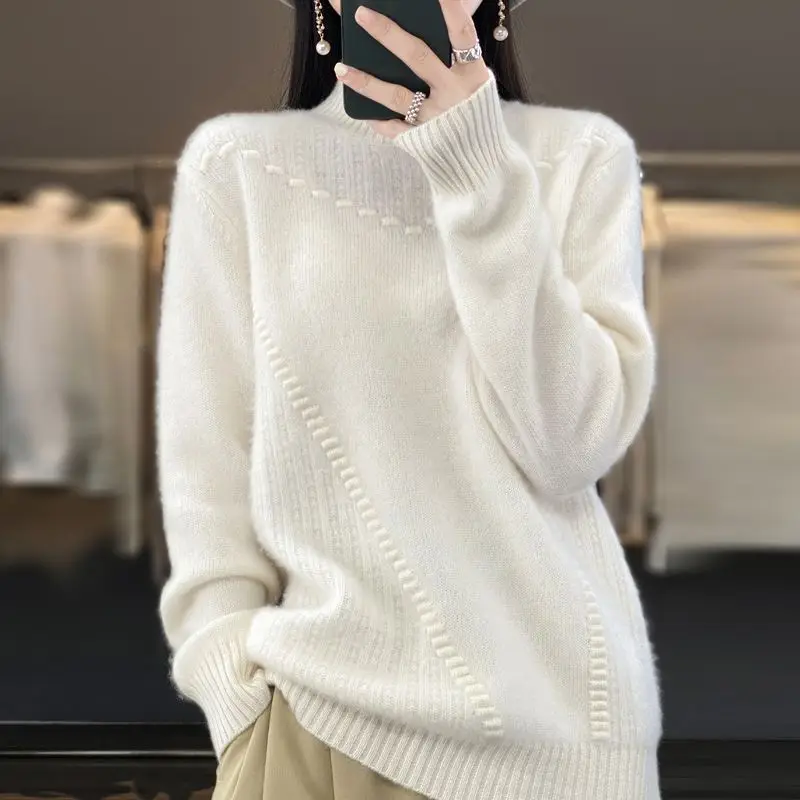 Pullover Sweater Women Half High Neck Sweater Pullover Bottom Casual Loose Knitting Solid Long Sleeve Sweater Pullover Female