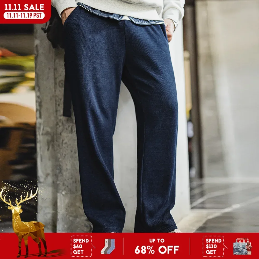

Maden Vintage Loose Fit Knit Waffle Sweatpants Men's Straight Solid Pants with Elastic Waist and Drawstring Trousers for Autumn