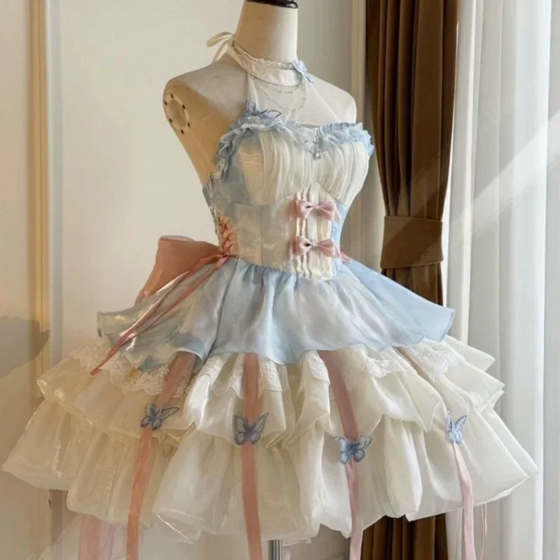 Süßes Lolita-Kleid mit Hals, flauschigem Rock, Damen-Fliege, Band-Kleider, Prinzessin, Patchwork, Kuchen, Vestidos, Sommer, 2025, heißer Verkauf