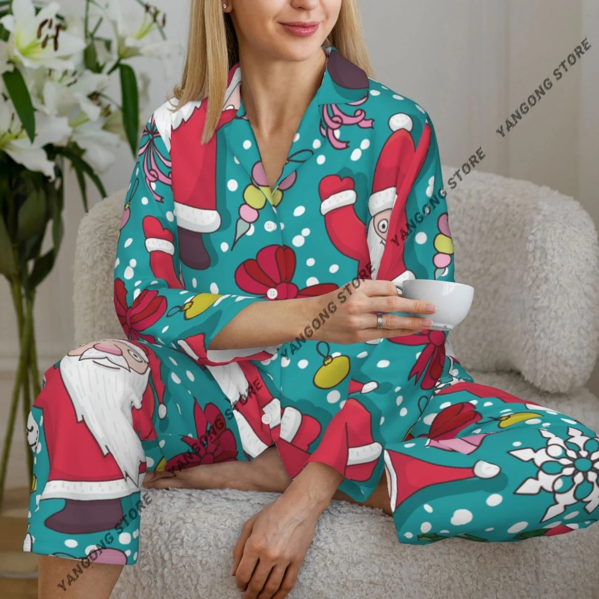 

Женская одежда для сна, рождественская пижама с рисунком Санта-Клауса и длинными рукавами, женский комплект, пеньюар, кардиган, костюм
