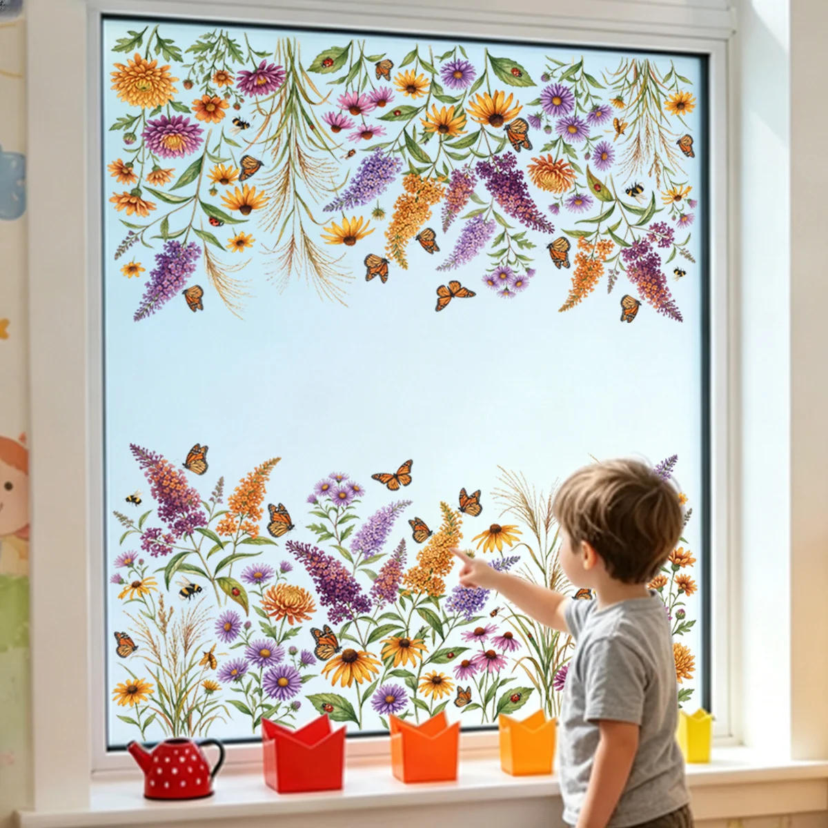 Double-Sided Reusable Window Clings with Pastoral Floral and Butterfly Motif for Home Bathroom and Commercial Glass Decor