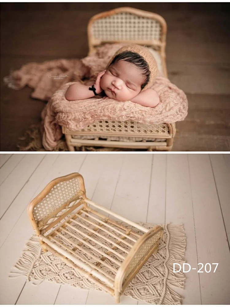 Vintage Wooden Mini Bed Newborn Photography Props Baby Photo Shoot Posing Crib with Woven Detail for Studio Professional Props