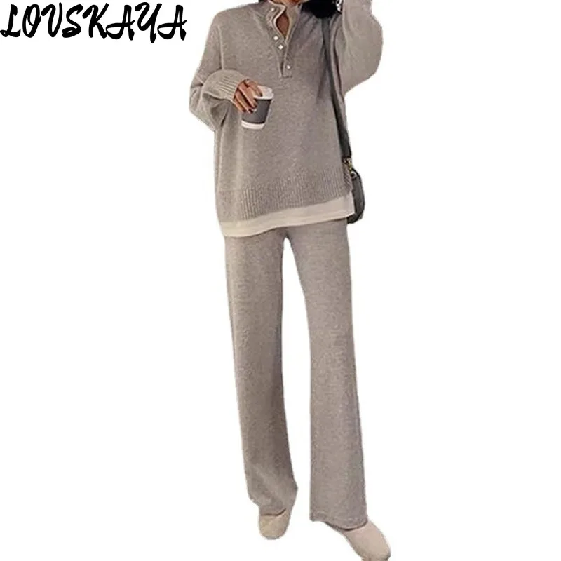 Losse Casual Sweater Wijde Pijpen Tweedelige Set Nieuwe Koreaanse Nep Tweedelige Gebreide Sportset Dames Staande Kraag