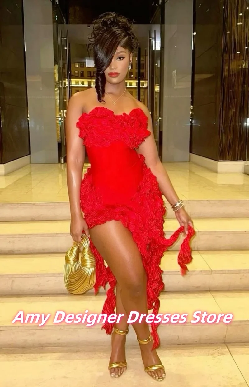 Bezauberndes rotes Mini-Meerjungfrau-Abschlussballkleid, luxuriöse Geburtstagsparty-Kleider für afrikanische Mädchen, Cocktailkleid mit bauschigen Rüschen, individuell gestaltet