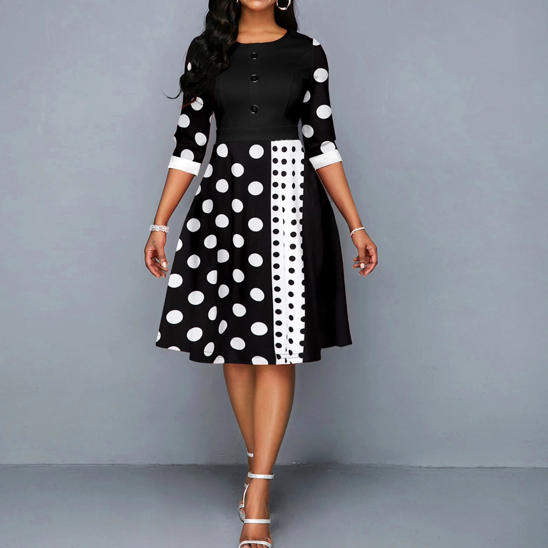 Polka Dots Print Button Decorate Dress, Elegant 3/4 Sleeve Dress Spring & Fall, Women\'s Clothing