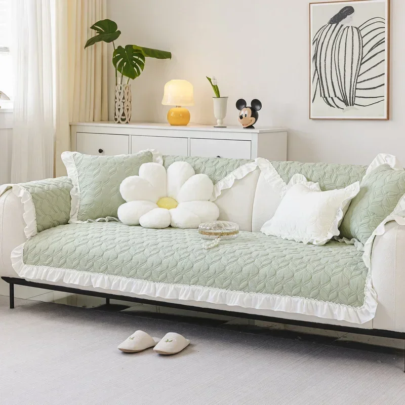 Cotton Sofa Cushion Non-slip Four Season Sofa Cover Solid Color Cream Style Living Room Furniture Protector Backrest Towel Cover