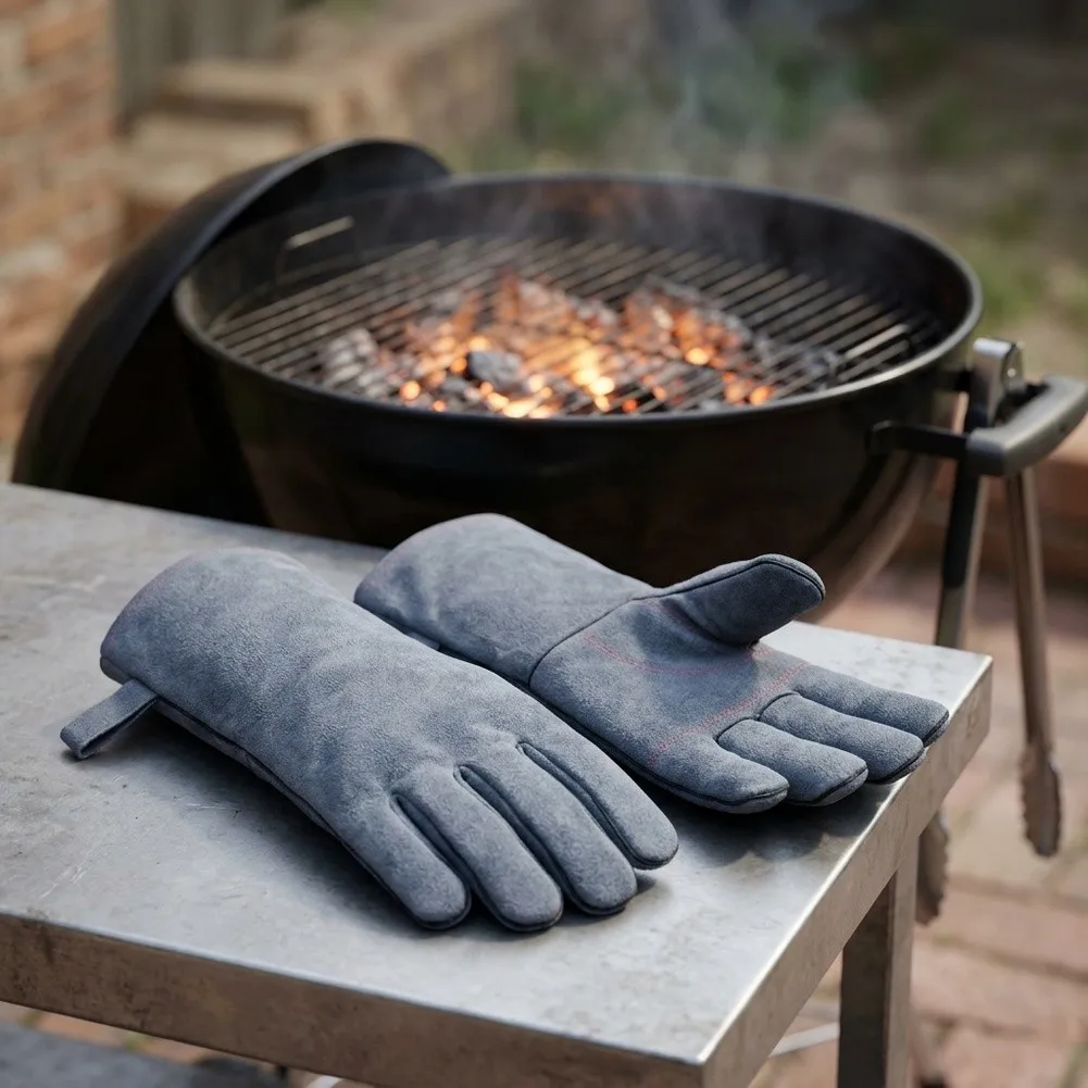 Welding Gloves 16 Inch Gray with Extended Arm Coverage for Use in High Heat Environments Like BBQ Pits and Welding Booths