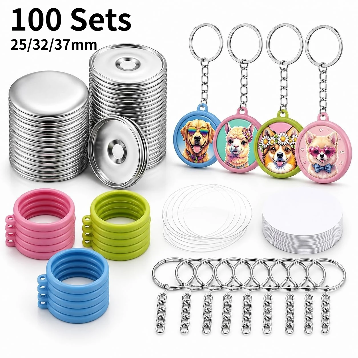 100 Sets Metal Button Supplies for 25/32/37mm Button Maker Double-Sided Keychain Parts Round Crafts DIY