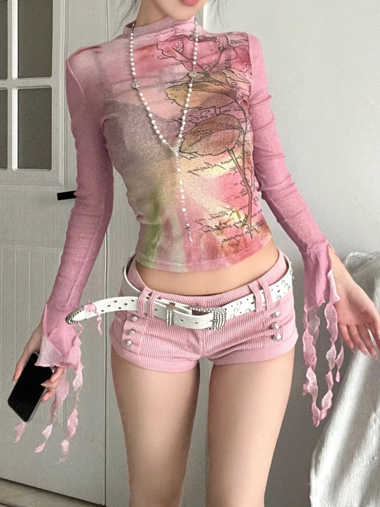 Japanese Y2k Mesh Tops 2000s Aesthetics Pink T-shirt Korean Fairycore Women Sexy Crop Long Sleeve Sheer Tops Harajuku Lolita 00s