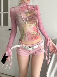 Japanese Y2k Mesh Tops 2000s Aesthetics Pink T-shirt Korean Fairycore Women Sexy Crop Long Sleeve Sheer Tops Harajuku Lolita 00s