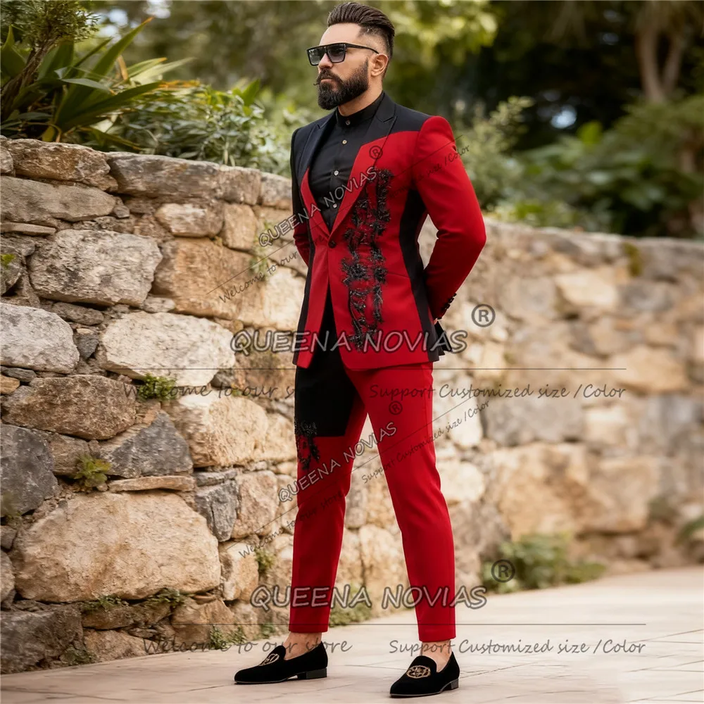 限定スプライス新郎ウェディングスーツ シングルブレストプロムブレザー ユニークデザイン 2ピースセット アップリケ メンズタキシード衣装