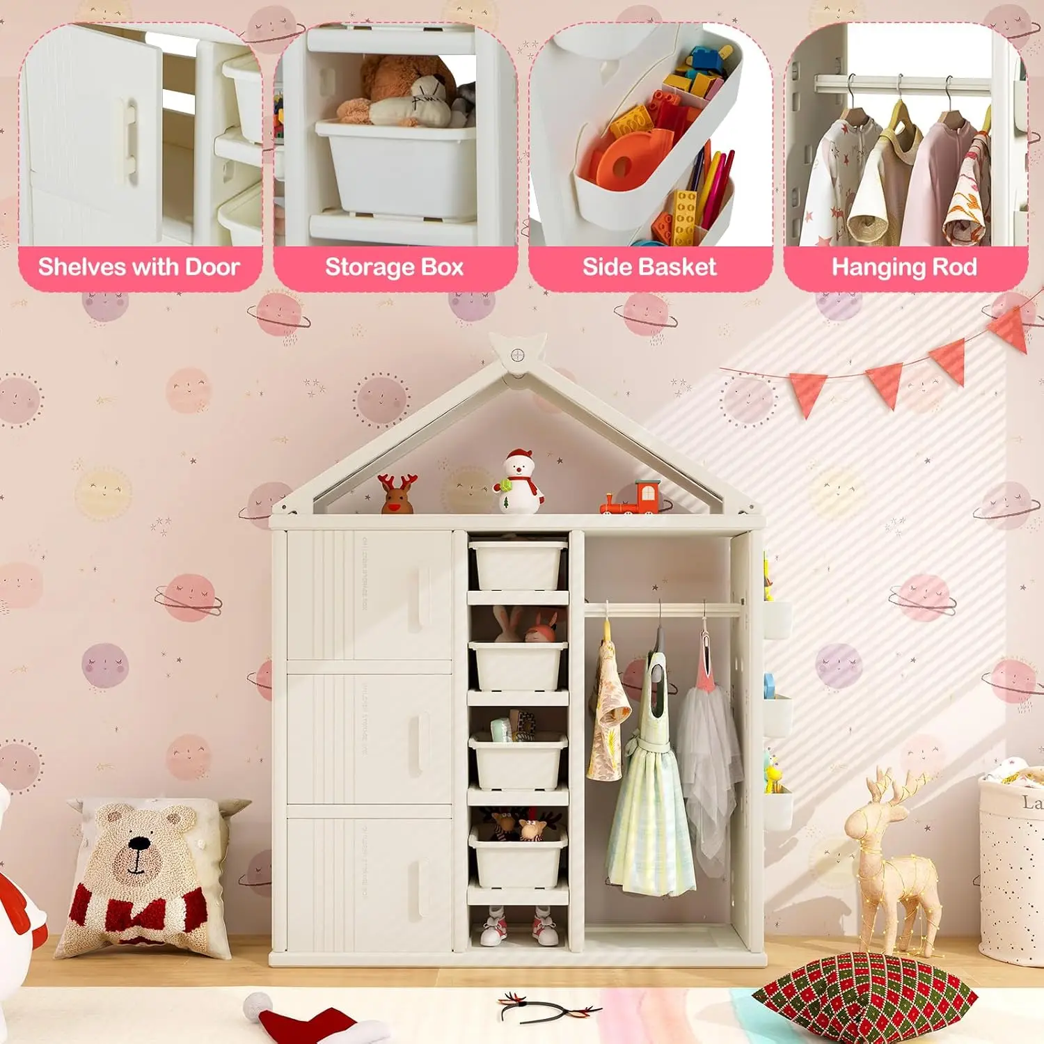 Costume Storage Closet, Children Pretend Dresser Wardrobe, Open Hanging Armoire Closet with Storage Bins, Shelves,