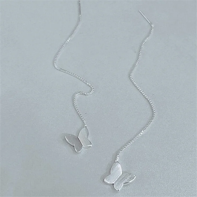 New Korean Sweet Brushed Butterfly 925 Sterling Silver Jewelry Temperament Long Ear Line Popular Earrings E137