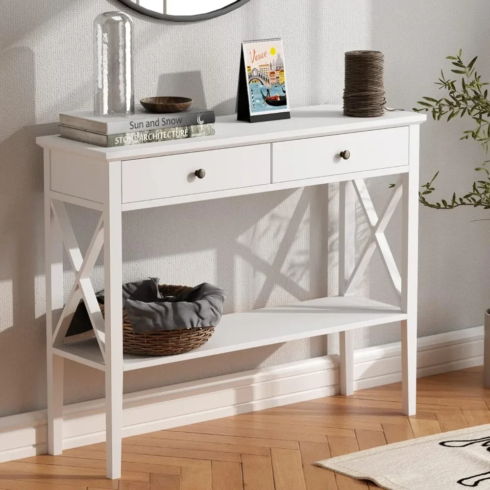 

Console Table with Drawers, Narrow Wood Accent Sofa Table Entryway Table with Storage Shelf for Entryway, Front Hall, Hallway