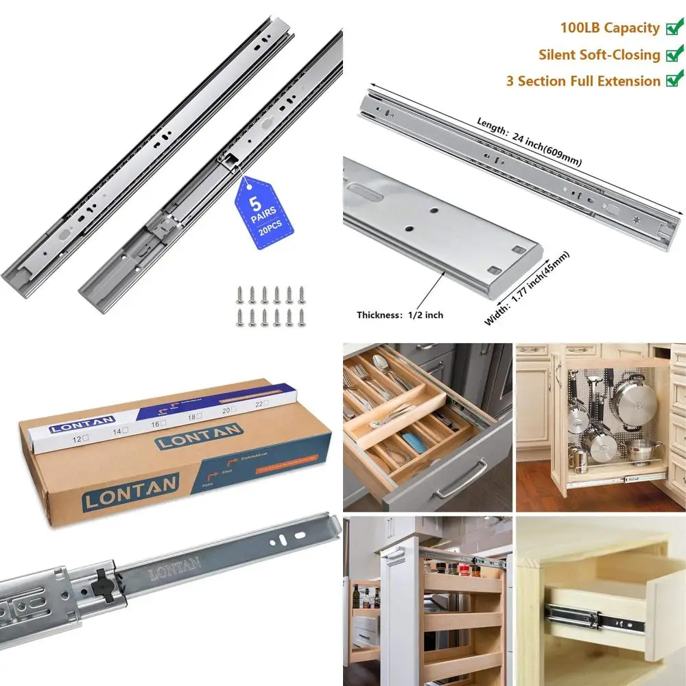 

24-дюймовые направляющие для кухонных шкафов с полным выдвижением, боковым креплением, на шарикоподшипниках, усиленные, грузоподъемность 100 фунтов